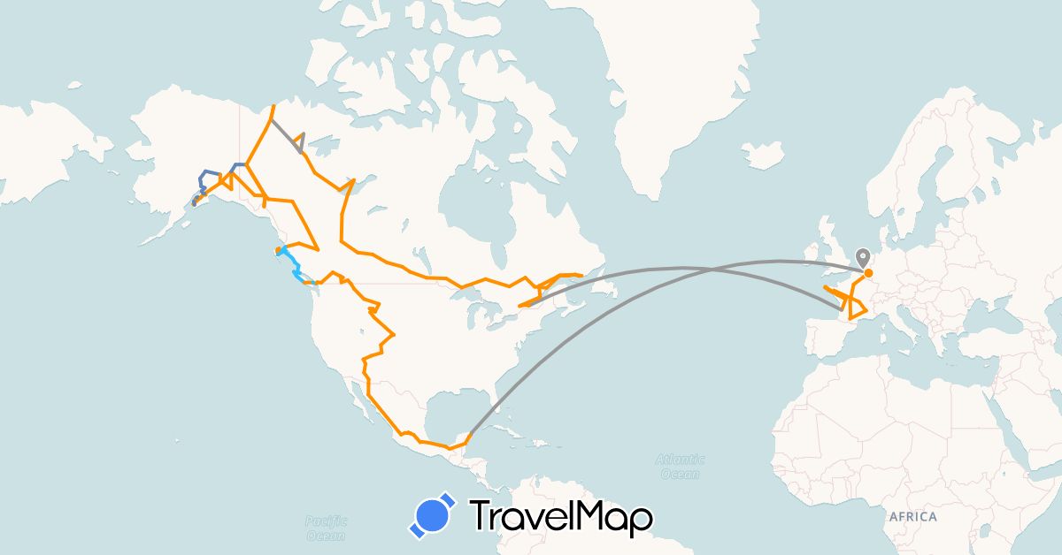 TravelMap itinerary: driving, plane, cycling, boat, hitchhiking in Belgium, Canada, France, Mexico, United States (Europe, North America)