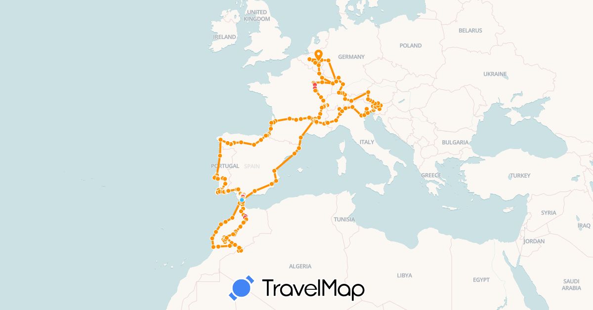TravelMap itinerary: hiking, boat, hitchhiking in Austria, Belgium, Switzerland, Germany, Spain, France, Italy, Liechtenstein, Morocco, Portugal, Slovenia (Africa, Europe)